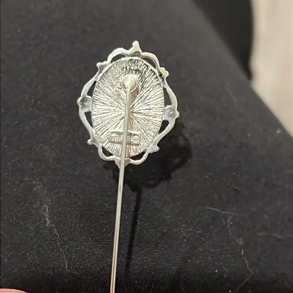 Trifari Vintage Cameo Hat Pin Brooch Stick Pin Silver Tone Blue White 3 Inch - Picture 7 of 10